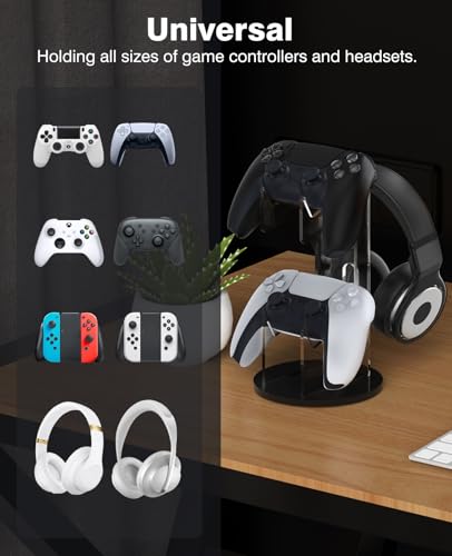 MoKo Universal Game Controller & Headset Stand, 2-in-1 Holder Acrylic | Premium acrylic, crystal clear. 2-in-1 for controller and headset. Non-slip base. Fits Switch, PS5, PS4, Xbox. - color: Black&Clear