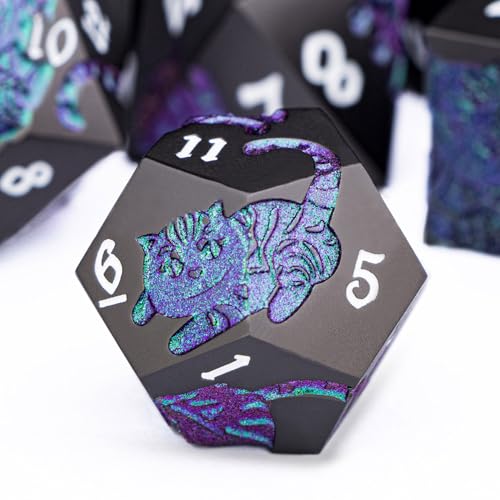 Metal DND Cat Dice 7PCS Polyhedral RPG Dice Set with Gift Case for Dungeons Dragons Role Playing Game, D and D Dice D6 D8 D10 D12 D20 D% (Purple Green) - color: Cat-purple Green&black