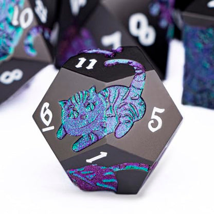 Metal DND Cat Dice 7PCS Polyhedral RPG Dice Set with Gift Case for Dungeons Dragons Role Playing Game, D and D Dice D6 D8 D10 D12 D20 D% (Purple Green) - color: Cat-purple Green&black