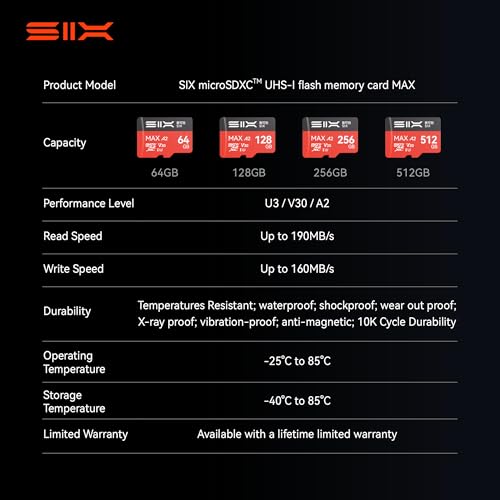 SIX M200 128GB Micro SD Card Read Up to 190MB/s for 4K UHD Continuous Recording - A2, U3, V30 microSDXC Memory Card 128GB with Adapter for Action Cameras, Drones, Gaming Consoles, Dash Cams, Phones - size: 128GB