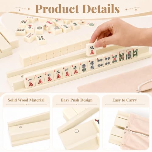 5Pcs Mahjong Racks with Pushers Wooden American Mahjong Tile Pushers and Racks Set with Mah Jong Rack Drawstring Bag Mah Jong Accessories for Players Gifts Home Game Night Party Supplies (Soft White) - color: Soft White