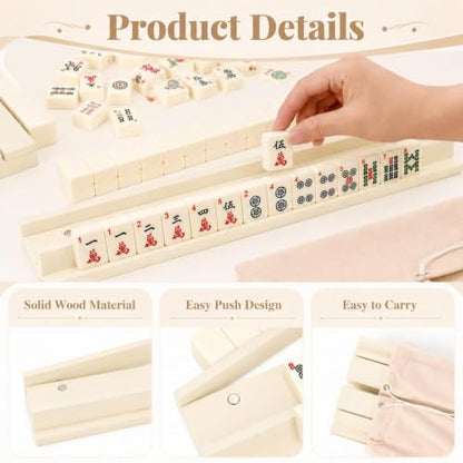 5Pcs Mahjong Racks with Pushers Wooden American Mahjong Tile Pushers and Racks Set with Mah Jong Rack Drawstring Bag Mah Jong Accessories for Players Gifts Home Game Night Party Supplies (Soft White) - color: Soft White