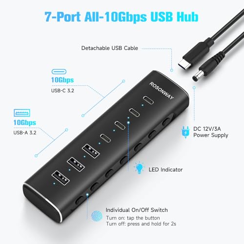 7 Ports Powered USB 3.2/USB C Hub 10Gbps with 4 USB-C 3.2, 3 USB-A 3.2 Ports, 3.3ft Cable and 36W(12V/3A) Power Adapter, Aluminum USB Splitter for Laptop, RSH-H7C4 - size: 7-Port Powered USB Hub
