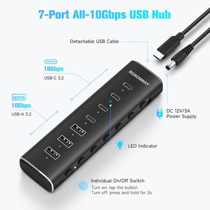 7 Ports Powered USB 3.2/USB C Hub 10Gbps with 4 USB-C 3.2, 3 USB-A 3.2 Ports, 3.3ft Cable and 36W(12V/3A) Power Adapter, Aluminum USB Splitter for Laptop, RSH-H7C4 - size: 7-Port Powered USB Hub