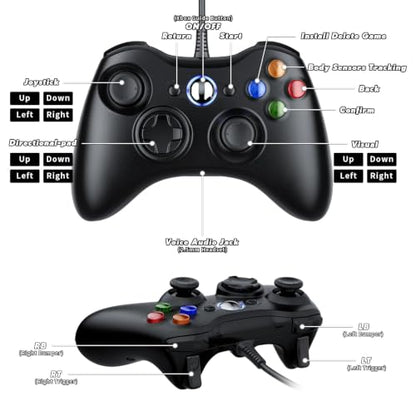 Dinosoo 2 Pack Replacement for Xbox 360 Controller Wired, PC Controller Compatible with Microsoft Xbox 360 & Slim/PC, with Upgraded Joystick, Double Shock, Voice Function Black - color: Deep Black