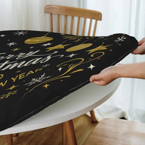 Famame Gold Christmas Ball Stars Round Fitted Tablecloth with Elastic Protector Table Kitchen Dinner Waterproof Oil-Proof Table Covers Fits 40"-44", Small - color: Gold Christmas Ball Stars, size: Small (40"-44")