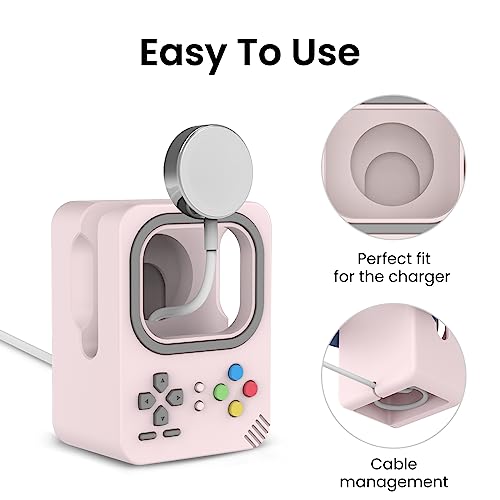 Delidigi Silicone Charger Stand Dock for Apple Watch All Series | Ultra3/Ultra2/Ultra/11/10/9/8/7/6/5/4/3/SE3/SE2/SE1, Retro Game Console Design, Cable Management, Support Nightstand Mode - color: Pink