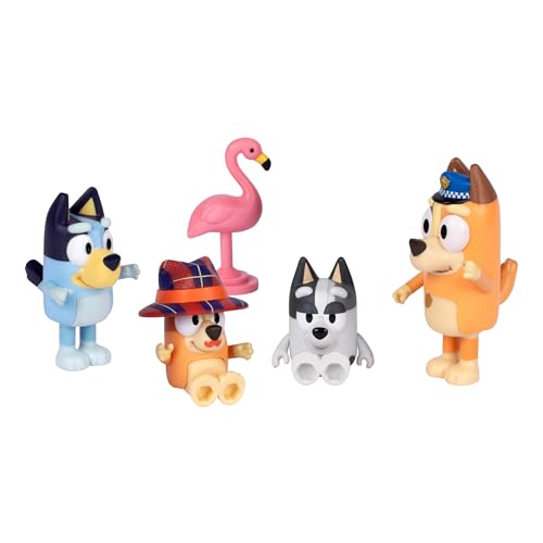 Bluey Figure 4-Pack The Sleepover, Episode-Themed Toys | Includes Bluey, Bingo, Chilli, Muffin & flamingo accessory, moveable arms; kids toys ages 3+ - style: The Sleepover