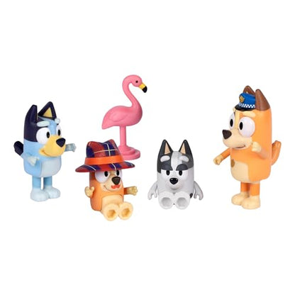 Bluey Figure 4-Pack The Sleepover, Episode-Themed Toys | Includes Bluey, Bingo, Chilli, Muffin & flamingo accessory, moveable arms; kids toys ages 3+ - style: The Sleepover