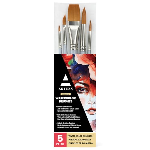 ARTEZA Watercolor Paint Brushes, Set of 5, Assorted Shapes, Synthetic Soft-Bristle Brushes - style: Watercolor Brushes Set B
