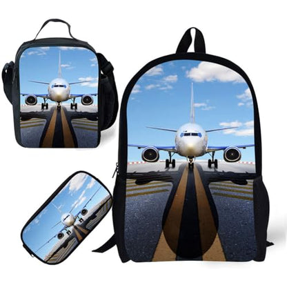 Boy Bookbag School Backpack 17 Inch Student Bag Lightweight Backbag for Age 6-16 Kids Plane Design (Bookbag + Pencil Bag + Lunch Bag) - color: Plane Backpack 6- Bookbag + Pencil Bag + Lunch Bag