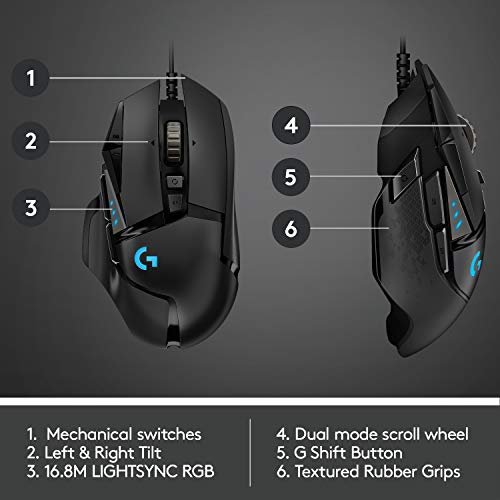 Logitech G502 Hero Wired Gaming Mouse - Black | High performance, 25,600 DPI, RGB, adjustable weights, 11 programmable buttons, on-board memory, PC/Mac - style: Wired