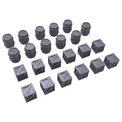 Crates and Barrels DND Terrain Compatible DND Terrain for 25mm Dungeons and Dragons, D&D,40k, RPG, 25mm MiniaturesTabletop RPGs, Wargame Scenery(12PCS Crates+11PCS Barrels)