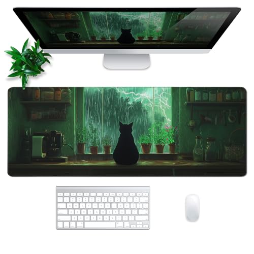 Green Black Cat Mouse Pad Abstract Big Mouse Pad 31.5x11.8 Inch Cat Texture Non-Slip Rubber Base Large Mousepad Stitched Edges Keyboard Mouse Mat Desk Pad for Office and Home - color: Green Black Cat