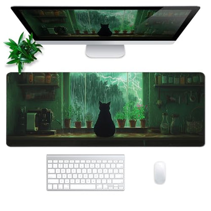 Green Black Cat Mouse Pad Abstract Big Mouse Pad 31.5x11.8 Inch Cat Texture Non-Slip Rubber Base Large Mousepad Stitched Edges Keyboard Mouse Mat Desk Pad for Office and Home - color: Green Black Cat