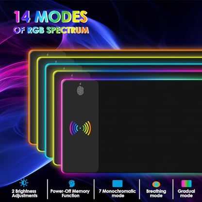 RGB Gaming Mouse Pad with Wireless Charging 15W, 14 Lights Touch Button LED Mouse Mat Extra Large Mousepad Non-Slip Rubber Base Waterproof Computer Keyboard Mat for Gaming, PC, Laptop, 800x300x4MM