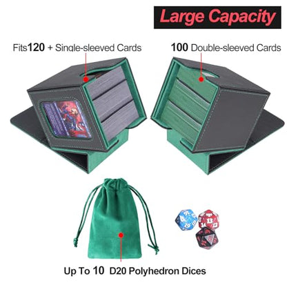 AFIING MTG Deck Box for Commander Display,Card Deck case Fits 100 Double Sleeved Cards,Magic Commander TCG Card Storage Box with 2 Dividers,Dice Bag and Toploader Black Green - color: Commander Black Green