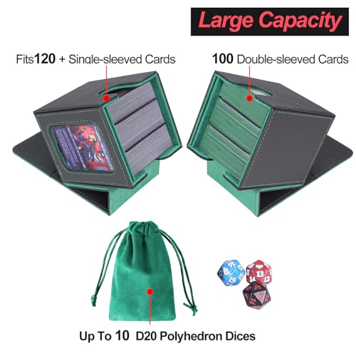 AFIING MTG Deck Box for Commander Display,Card Deck case Fits 100 Double Sleeved Cards,Magic Commander TCG Card Storage Box with 2 Dividers,Dice Bag and Toploader Black Green - color: Commander Black Green
