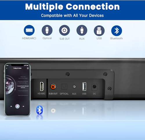 Sound Bar, BESTISAN 50 Watts Soundbar with HDMI, Optical, AUX, USB,Sub Out and Bluetooth Connection, DSP, Bass Adjustable, 16 Inch, Mountable