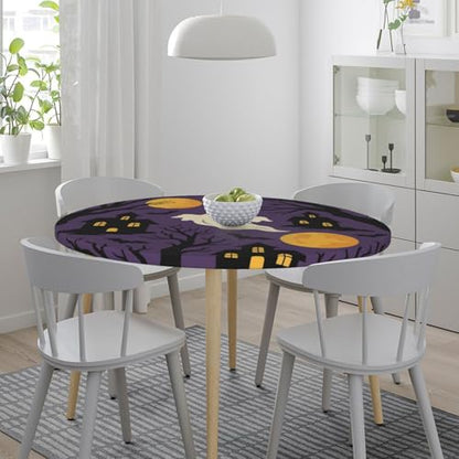 Famame Ghost Castle Purple Halloween Round Fitted Tablecloth with Elastic Protector Table Kitchen Dinner Waterproof Oil-Proof Table Covers Fits 40"-44", Small - color: Ghost Castle Purple Halloween, size: Small (40"-44")