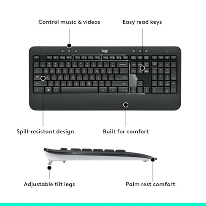 Logitech MK540 Full Size Advanced Wireless Keyboard and Mouse Combo | Full size quiet keyboard with number pad & integrated palm rest, full size ambidextrous mouse, includes USB-A Nano Receiver