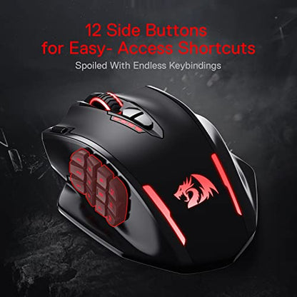 Redragon M913 Wireless RGB MMO Gaming Mouse 16000 DPI Remapping Keys | Cable-Free 0 Delay Dedicated for FPS Gamers, Redefine Keybinding Macro, Vibing Backlight, Ergonomic Grip Body Comfort - color: Black, style: Wireless M913