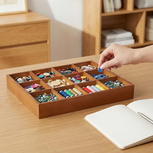 FUNSUEI 3 PCS Multi Compartment Wooden Tray, Grid Display Wood Serving Tray with 12 Sections, Wood Drawer Organizer Divided Snack Storage Box for Jewelry, Card Sorting, 13x10x2 Inch, Brown - size: 3 PCS 12 Sections