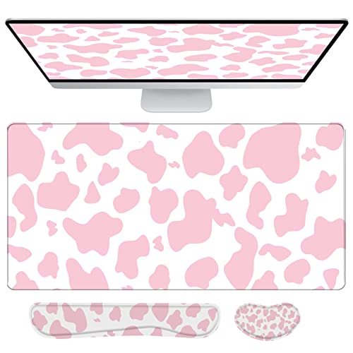 3Pcs Large Gaming Mouse Pad Desk Mat,Keyboard Mouse Wrist Rest Support Set,Extended Laptop Mouse Pad Memory Foam Non-Slip Base for Gamer Home Office(31.5x15.7in)-Pink Cow Pattern - color: B2-Pink