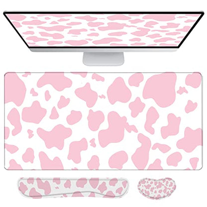 3Pcs Large Gaming Mouse Pad Desk Mat,Keyboard Mouse Wrist Rest Support Set,Extended Laptop Mouse Pad Memory Foam Non-Slip Base for Gamer Home Office(31.5x15.7in)-Pink Cow Pattern - color: B2-Pink