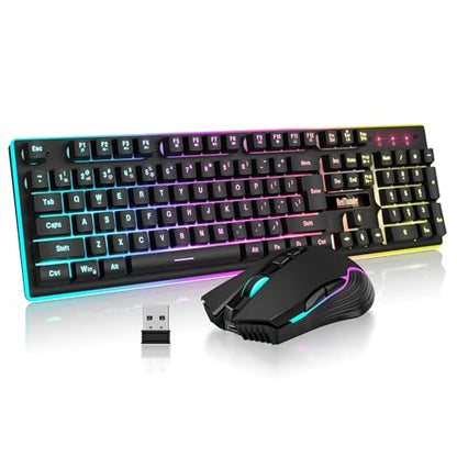 RedThunder K10 Wireless Gaming Keyboard and Mouse Combo, LED Backlit Rechargeable 3800mAh Battery, Mechanical Feel Anti-ghosting Keyboard + 7D 3200DPI Mice for PC Gamer (Black) - color: Black