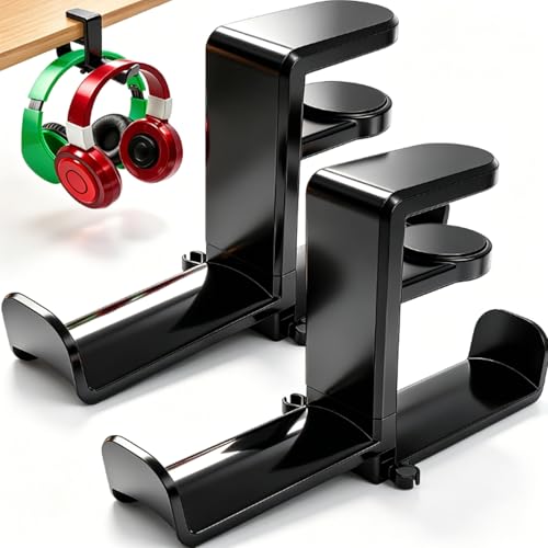 2 Pack Dual Headphone Hanger for Desk | Under Desk Hook, 360° Rotating, Clamp Mount, No Drill, Cable Clip