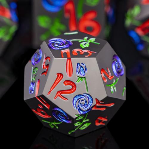 Gothic DND Dice Set Bleeding Rose Metal D and D Dice for use with Dungeons Dragons D&D Role Playing Game, Purple Blue RPG Blood Polyhedral Dice Set D20 D12 D10 D8 D6 D4 - color: Purplish Blue&black&red Numbers