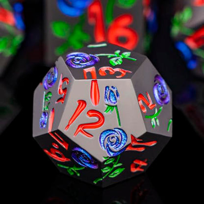 Gothic DND Dice Set Bleeding Rose Metal D and D Dice for use with Dungeons Dragons D&D Role Playing Game, Purple Blue RPG Blood Polyhedral Dice Set D20 D12 D10 D8 D6 D4 - color: Purplish Blue&black&red Numbers