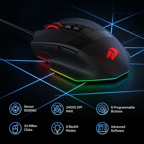 Redragon M923 Wired RGB Optical Gaming Mouse 24K DPI Remapping Keys | Stable Lag-Free Connection, Smooth Precise Tracking, Custom Macro Keybinds, Vibing Backlight, Ergonomic Grip Body Comfort - style: Wired