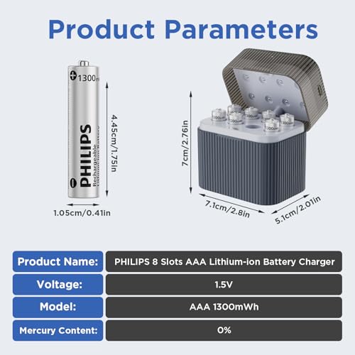 PHILIPS AAA Lithium Rechargeable Batteries with Battery 8 Pack - 1.5V 1300mWh High Capacity Li-ion Triple A Batteries 1200 Cycles Fast Charging for Remote Controls/Wireless Mouse Keyboards