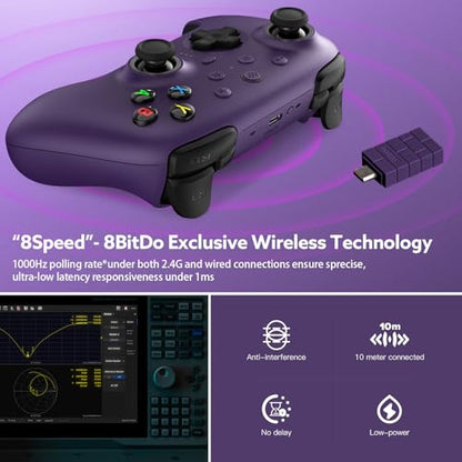 8Bitdo Ultimate 2 Wireless 2.4G Controller (Purple) | For Windows PC, Apple, Steam & Android, TMR Joystick, Star-Ring RGB Lights, Adjustable Trigger Locks, Charging Dock Included - color: Purple