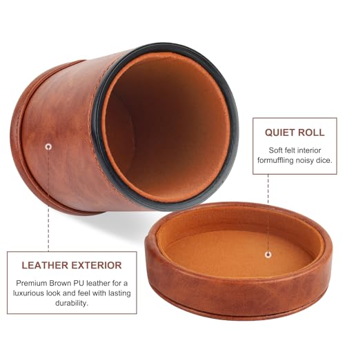 Brown PU Leather Dice Cup with Lid, Velvet Interior Quiet Dice Shaker Cup with 6 Dice for Liars Dice/Farkle/Yahtzee Games, 1 Pack - color: Brown