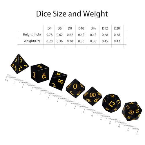 Natural Obsidian Dice Set, 7-Piece Hand-Carved Polyhedral Dice for Dungeons & Dragons (D&D), Pathfinder, Call of Cthulhu, Tabletop RPG Gaming, Collectible Gemstone Dice with Gold Numbering (Black) - color: Black