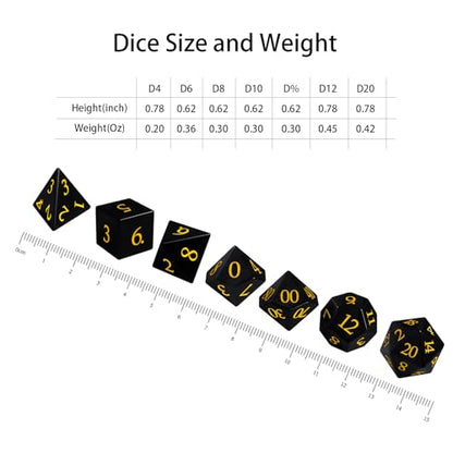 Natural Obsidian Dice Set, 7-Piece Hand-Carved Polyhedral Dice for Dungeons & Dragons (D&D), Pathfinder, Call of Cthulhu, Tabletop RPG Gaming, Collectible Gemstone Dice with Gold Numbering (Black) - color: Black