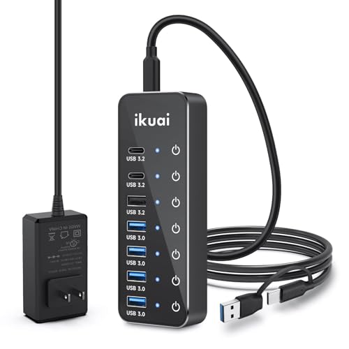 Powered USB Hub, ikuai 7-Port USB 3.2 / USB C Hub, with 3 10Gbps Data Ports (2 USB-C + 1 USB-A) and 4 USB A 3.0 Ports for PC Laptops - size: 7-Port USB 3.2 Hub