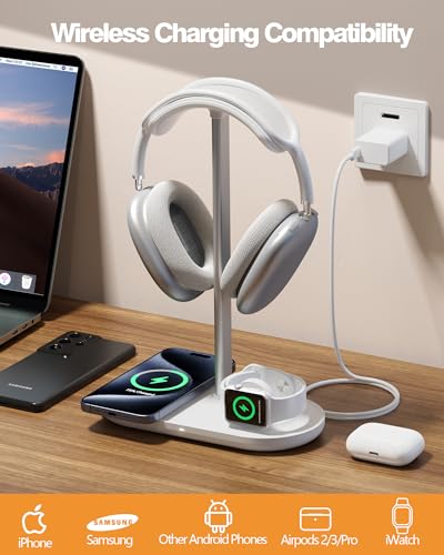 HiWe Headphone Stand, 2-in-1 MagSafe Wireless Charger for iPhone/iWatch | Headset Holder for All Headphones, Aluminum Alloy Bar, ABS Solid Base, PU Headrest, Table Desk Organizer - color: White