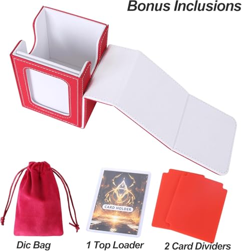 AFIING MTG Deck Box for Commander Display,Card Deck Box Fits 60+ Double Sleeved Cards or 100+single sleeved cards, Magic Commander TCG Card Storage Box with 2 Dividers,Dice Bag(Red/White) - color: Commander Red White