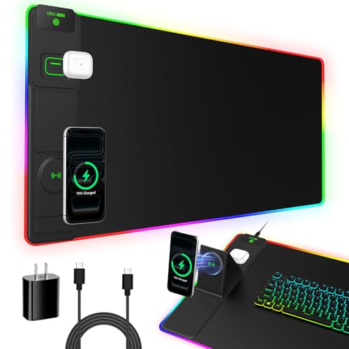 XXL RGB LED Gaming Mouse Pad with Magnetic Wireless Charger & Foldable Phone Holder, 31.5"x15.8" Extended Ultra-Smooth Desk Mat, 25 Lighting Effects, Non-Slip Base, Includes 20W PD Adapter - color: RGB-Magnetic Stand-31.5"x15.8"-Adapter