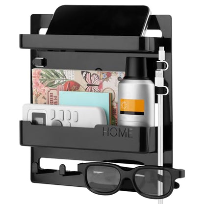 Bedside Shelf Wall Mount & Wall Nightstand for Bedroom,9 * 9.45inch Adhesive Nightstand Wallshelf with 5 Hooks,Wall Mount Shelf for Charging Station and Remote Control Holder(Black) - color: Black