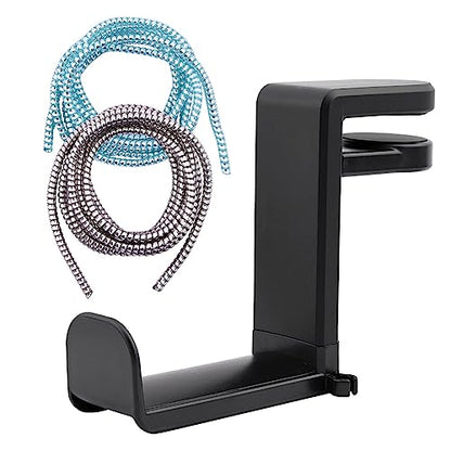 Headphone Stand, Desktop Headset Holder 360° Rotating & Adjustable Arm Clamp, Gaming Headset Hanger with 2 Data Cable Protection Ropes, for Controllers and Headphones
