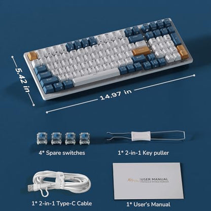 RK ROYAL KLUDGE RK98 Wireless Mechanical Keyboard, Triple Mode 2.4G/BT5.1/USB-C Hot Swappable Keyboard with Number Pad, Pre-lubed Clicky Switches RGB Backlit Gaming Keyboard, Software Support - color: White, size: Hot Swap Blue Switch