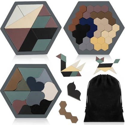 Yunsailing 3 Pack Large Wooden Blocks Puzzles Hexagon Tangram Puzzle Wooden Russian Brain Puzzles for Adult Challenge Teasers Geometric Jigsaw Logic Iq STEM Educational Gift Graduation(Modern) - style: Modern