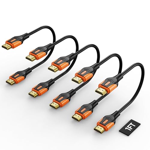Short HDMI 2.0 Cable 1 Foot, 5-Pack, 18Gbps | Neat for Wall Mounts and KVM, 4K at 60Hz, 2K at 240Hz, HDR10, ARC, Dolby, HDCP 2.2 - size: 1FT