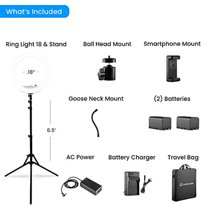 Lume Cube Cordless LED Ring Light for Smartphones and Cameras |18” Circle Light with Stand and Phone Holder | Portable Ring Light + 6.5 ft Tripod Stand w/Mount | Also Includes Batteries & Carry Case