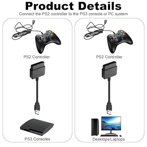 2Pcs PS2 Controller to USB Controller Adapter, Converter Cable | Compatible with Sony PlayStation PS1 PS2 Guitar Controller Gamepad to PC/PS3 [video game]